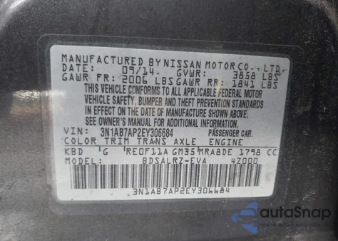 2014 Nissan Sentra Sr z USA, uszkodzony, nr VIN 3N1AB7AP2EY306684